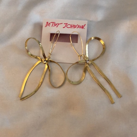 Betsey Johnson Gold Tone Statement Bow Drop Earrings Crystal Accent NWT - Picture 2 of 11
